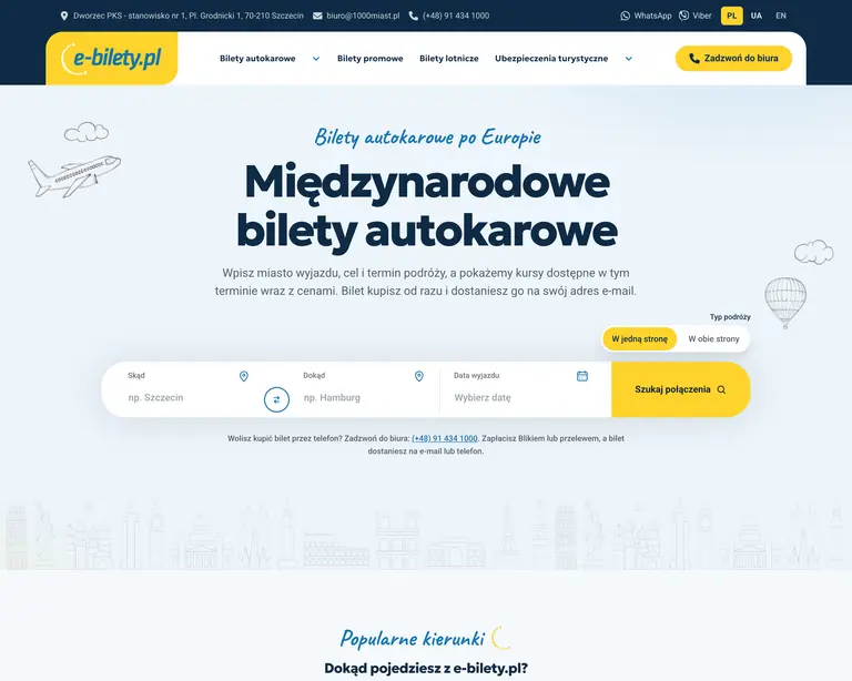 Zrzut ekranu strony głównej — e-bilety.pl, bilety autokarowe on-line