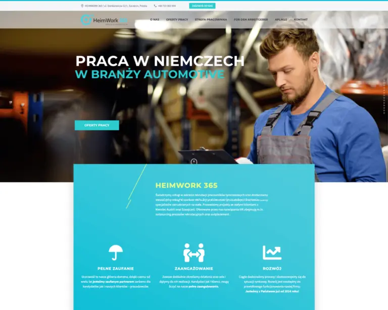 Zrzut ekranu strony głównej — Heimwork, pośrednictwo pracy