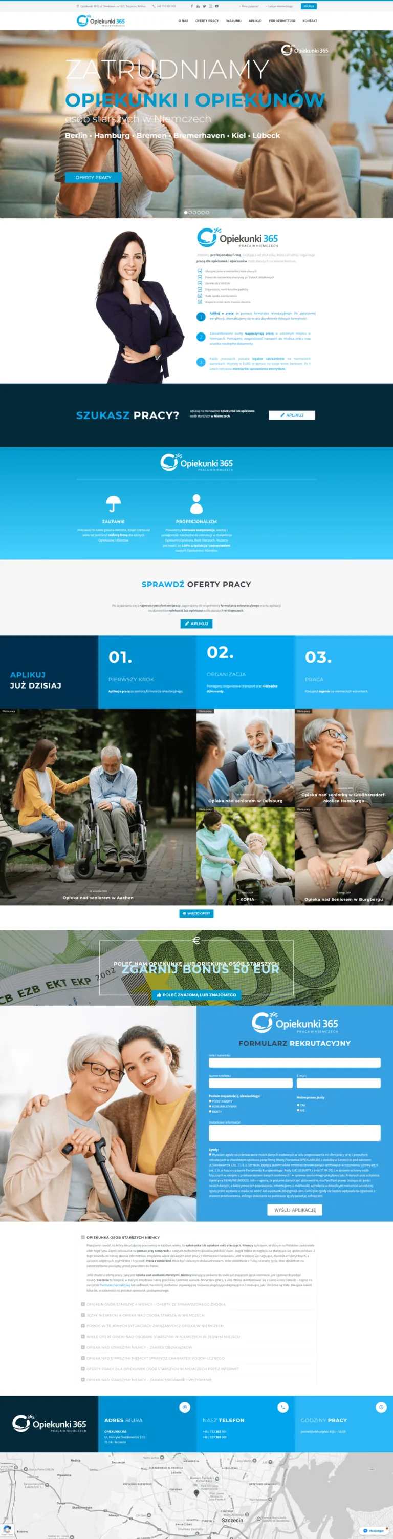 Pełny widok strony głównej projektu Opiekunki365