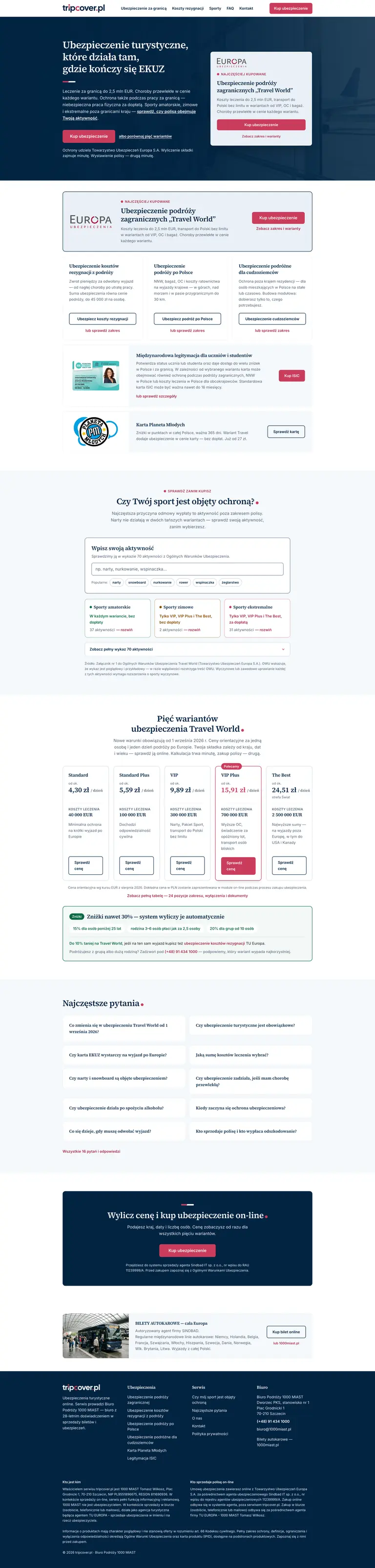 Pełny widok strony głównej projektu tripcover.pl