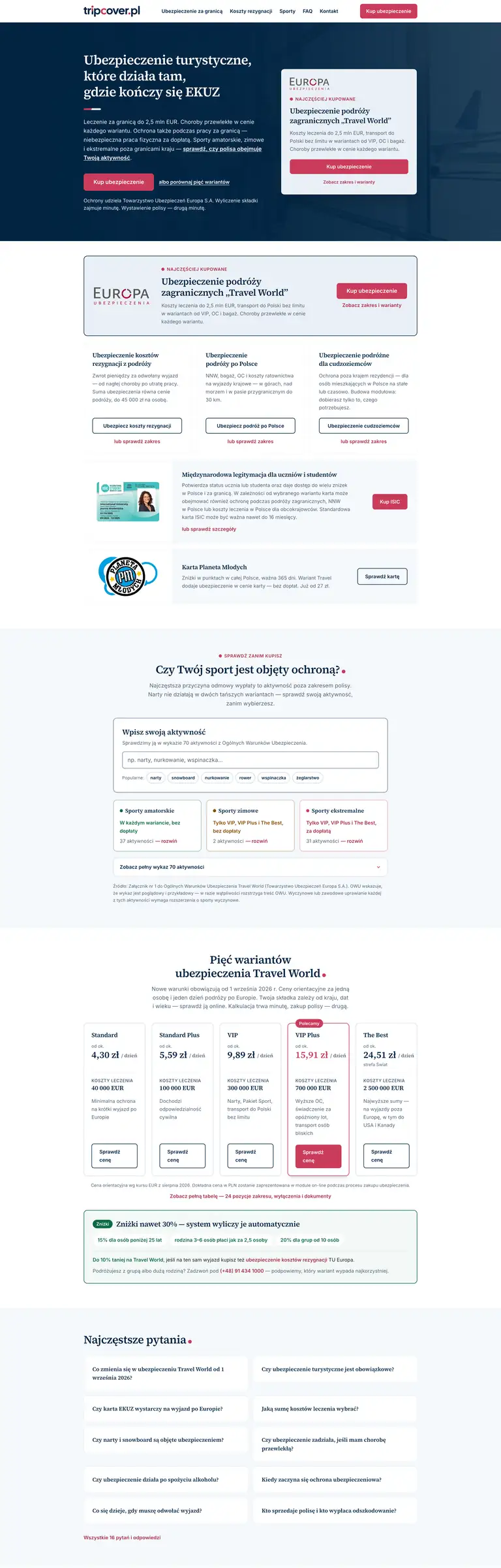 Zrzut ekranu strony głównej — tripcover.pl, ubezpieczenia turystyczne on-line