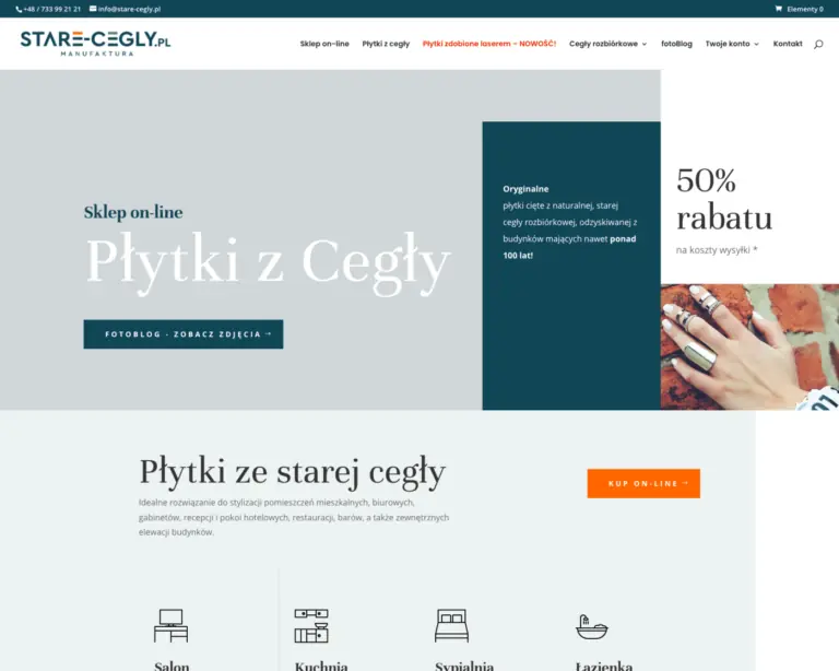 Zrzut ekranu strony głównej — Stare Cegły, wystrój wnętrz