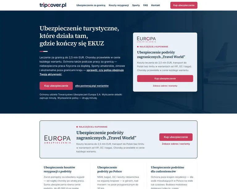 Zrzut ekranu strony głównej — tripcover.pl, ubezpieczenia turystyczne on-line